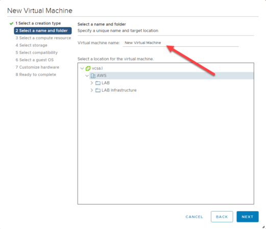 Указываем имя и расположение виртуальной машины VMware